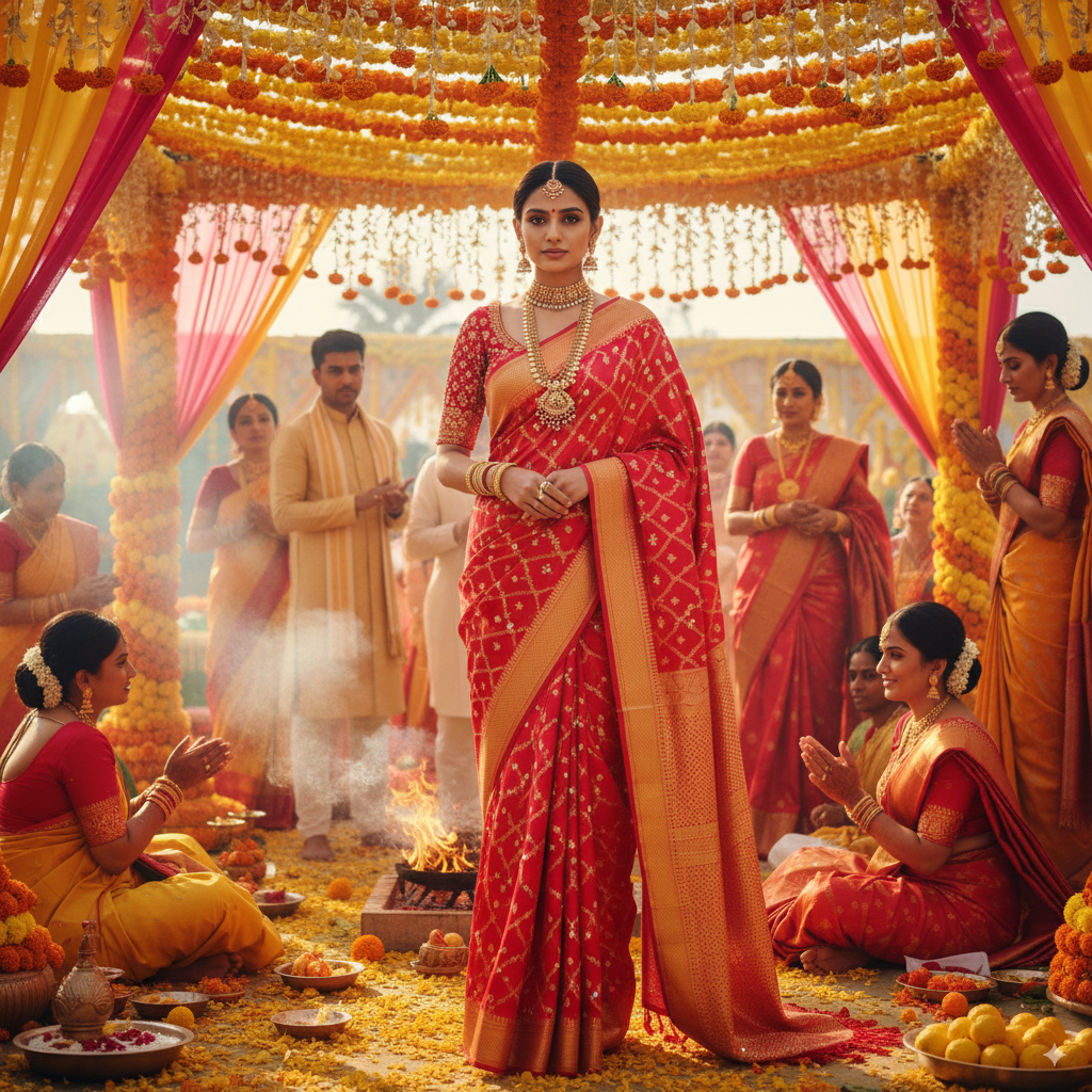 Cultural fusion Nano Banana Saree bridal edition, bright red and gold banana fibers with nano-crystal details, bride in a traditional outdoor ceremony with colorful rituals, vibrant fashion editorial look.